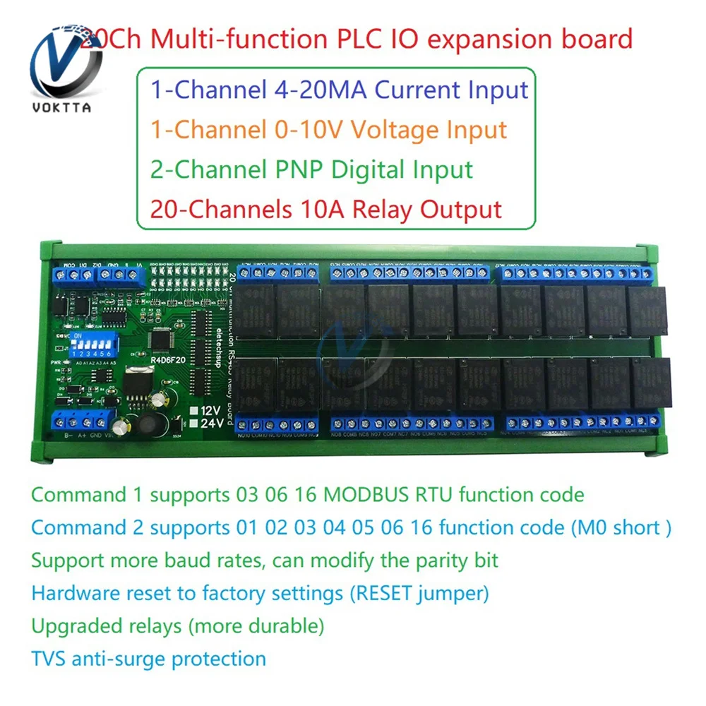 

20-way RS485 Switch Digital Analog Switch IO Module Modbus RTU PLC UART Expanding Board 4-20MA Current 0-10V Relay Module