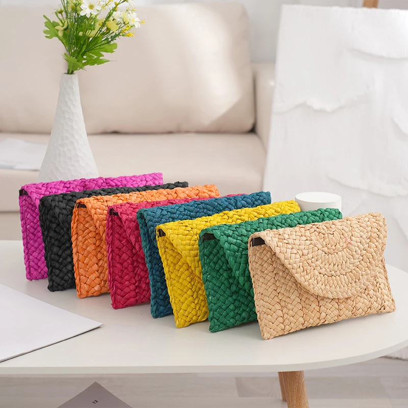 Fashion Beach Purse Women Summer Beach Bag Envelope Woven Clutch Solid Color Large Capacity Storage Bag Corn Husk Straw Hand Bag