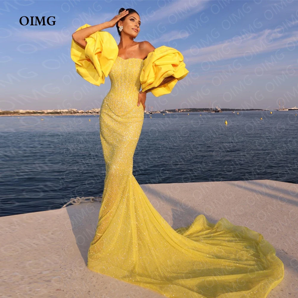 

OIMG Royal Yellow Long Shiny Saudi Arabic Evening Dresses Mermaid Short Sleeves Sparkly Sequin Beads Party Formal Prom Gowns
