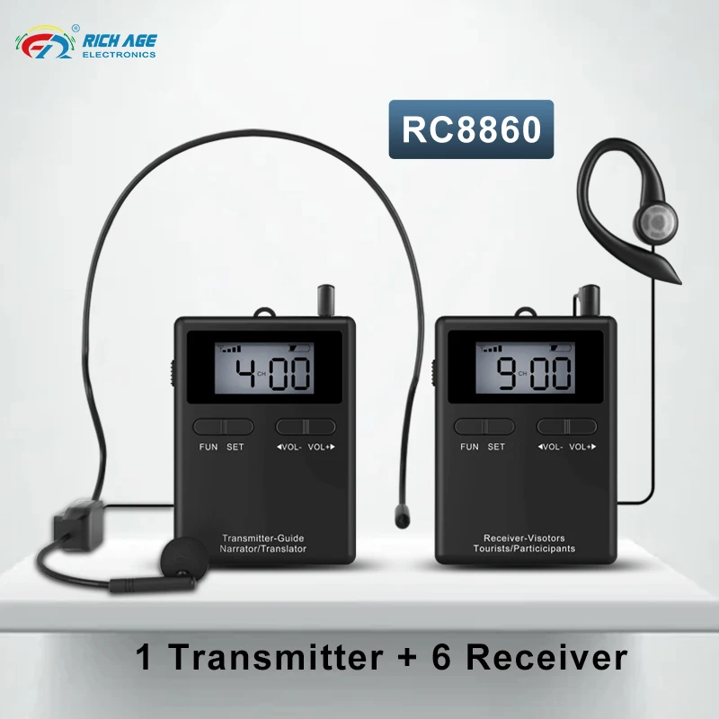 

New RC8860 Tour Guide System 1 Transmitter Plus 6 Receivers With Microphone And Headphones For Riding Church Meetings Teaching