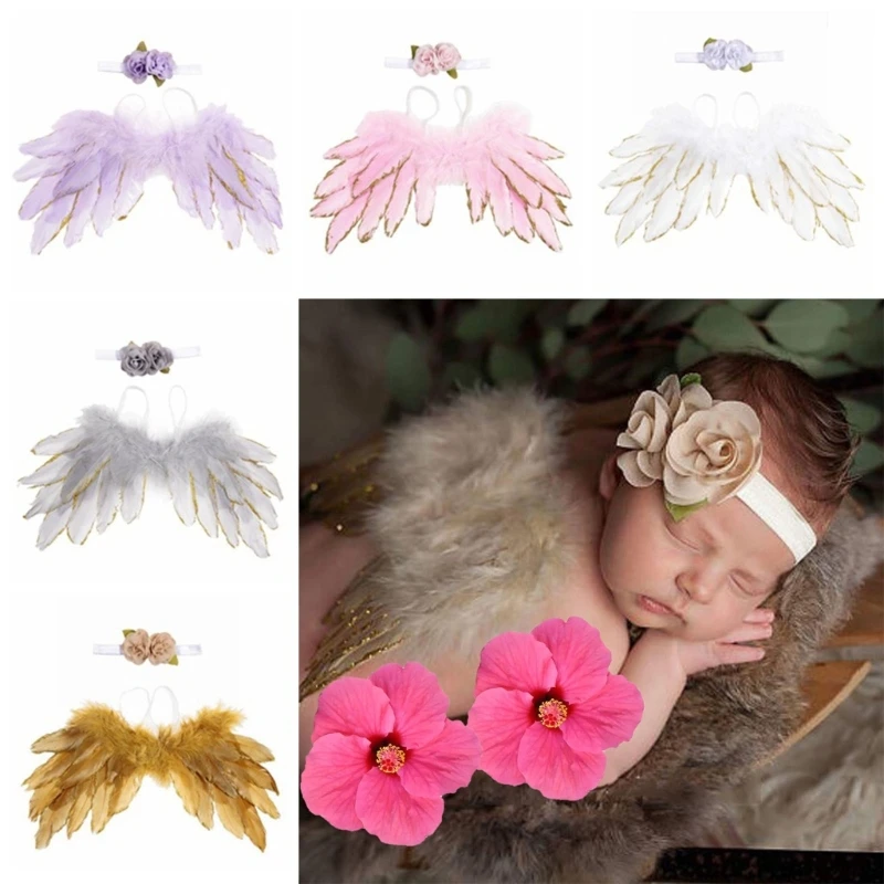 

2PCS Feather Wing & Flower Headband Newborn Photography Props Cute Headdress Baby Photoshoot Props Infant Angel Costume