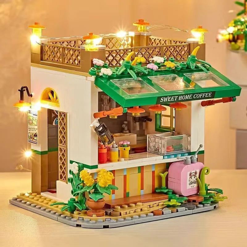 Building Block With Light Set Plant DIY Assembly Building Blocks Decoration Children Bricks Toy Holiday GiftsFood House