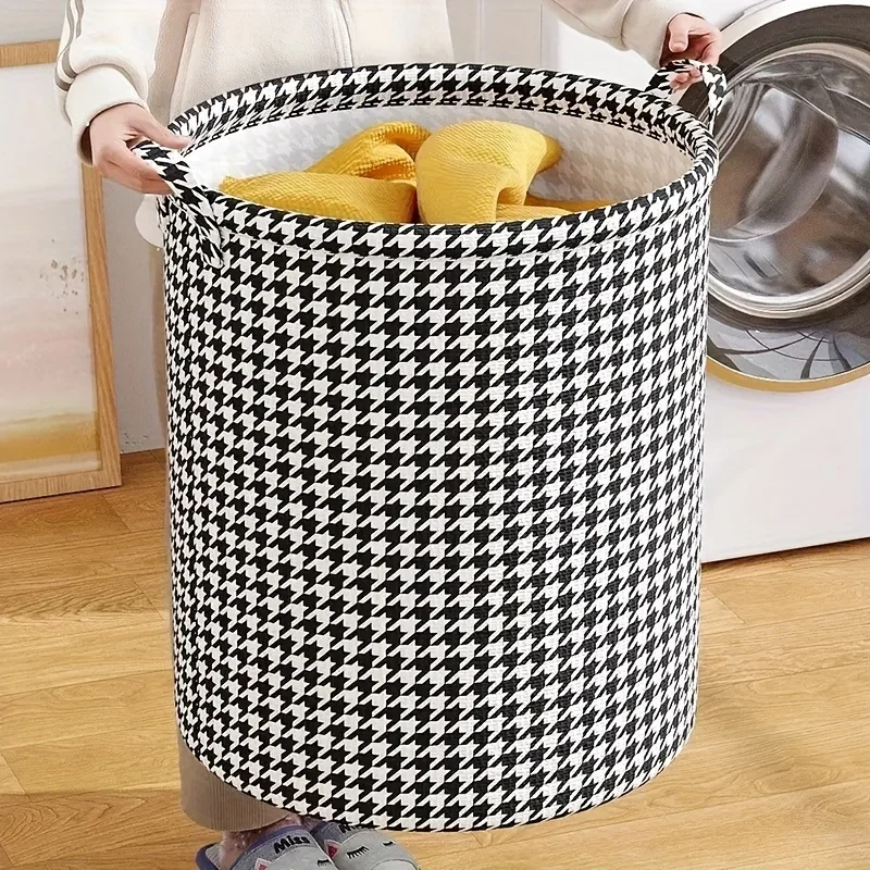 A foldable elegant checkered textile laundry basket handle suitable bedrooms living rooms random patterns laundry basket portable hamper portable storage basket