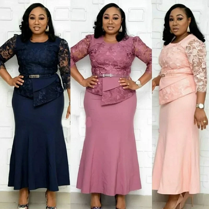 4XL 5XL Plus Size Christmas Dresses Women O Neck 3/4 Sleeve Long Maxi Dress Fashion Lace Patchwork Night Party Dress Vestidos 1