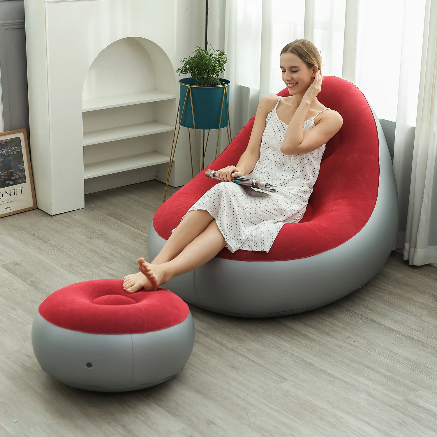 Inflatable Lounge Chair for Adults, Folding Portable Lazy Sofa with Foot Stool ,Air Couch Sofa for Livingroom and Bedroom 2