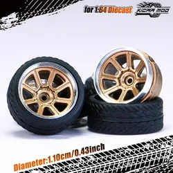 Kicarmod 1/64 Scale Model Car ABS Wheels with Rubber Tires and Metal Rims, 11mm Diameter - Refitting Parts (HW-D4 Bronze)