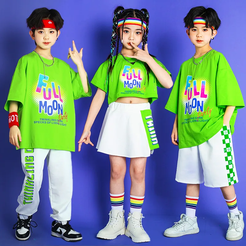 

Teenagers Kpop Hip Hop Clothing Boys Green Print T-Shirt Shorts Girls Crop Top Skirt Summer Kids Jazz Dance Stage Costume 4-16Y