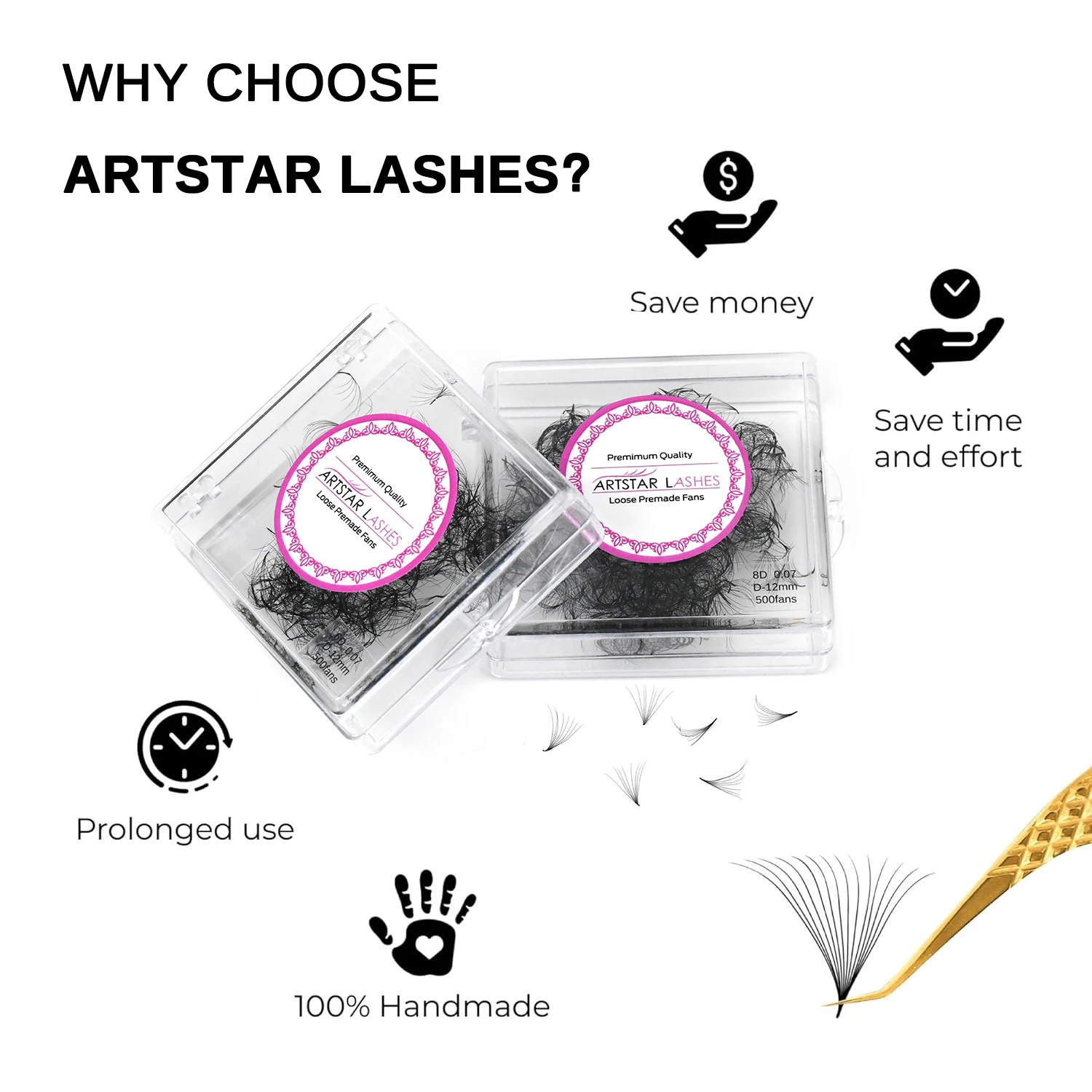 Description Picture 4 of itemARTSTAR 500Fans Loose Fans Eyelash Extensions 10D 12D 14D 16D 20D Pointy Base Lashes 8-17mm Length 0.03mm Thickness Volume Lash