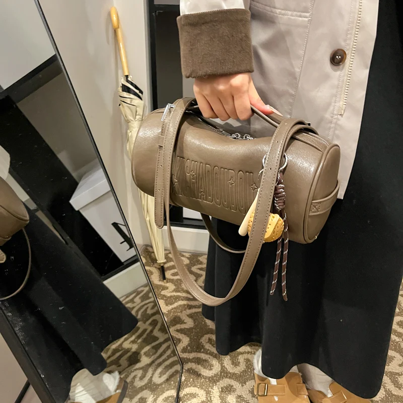 Multifunctional Cylinder Shaped Shoulder Bags For Women 2025 Latest Designer Handbags Luxury Cross Body Bag With Pendant