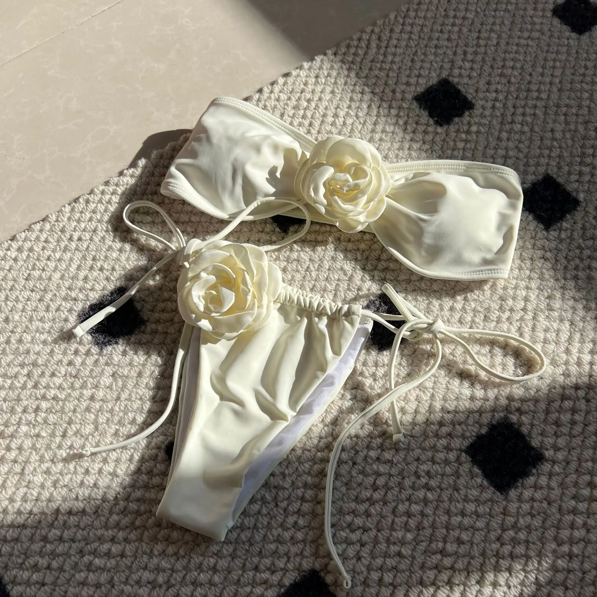 

2024 Bikini Women Solid Color Rose Tube Top Drawstring Strap Split Swimsuit