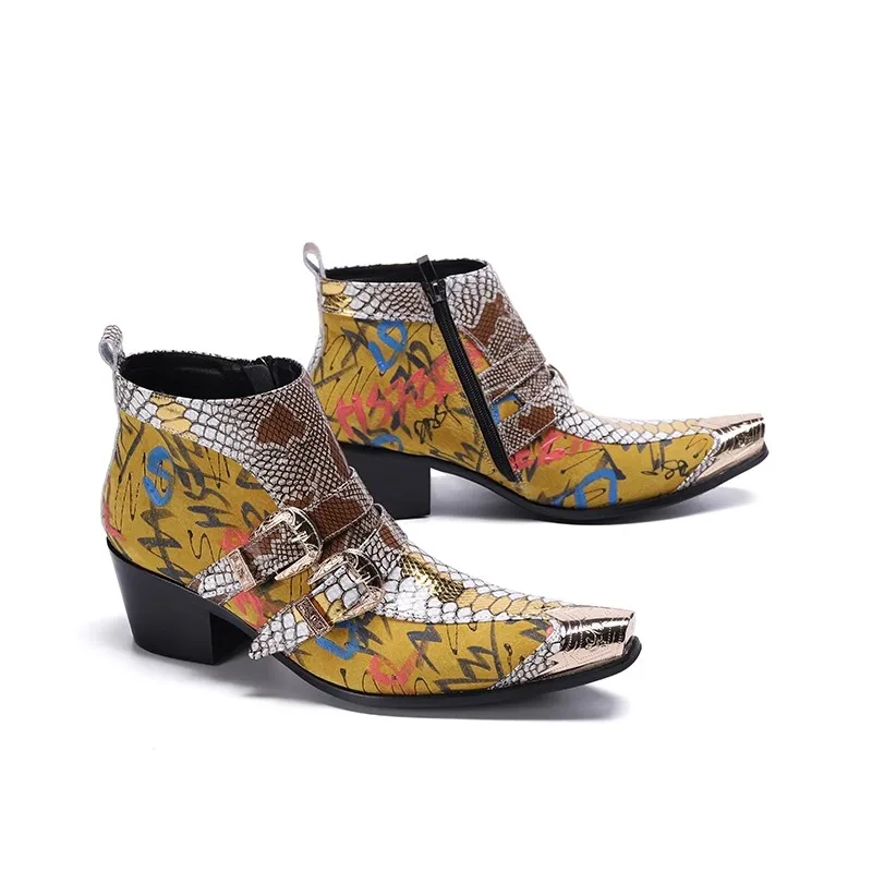 

Pointed Toe Gold Snake Pattern Men's Boot New Fashion Punk Style Blet Buckle Decor High Heel Leisure Leather Shoet Boots