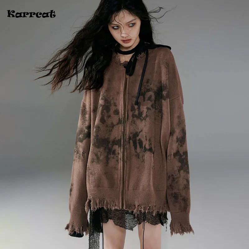 Karrcat 그런지 미학 고민 가디건, 빈티지 그래피티 프린트 니트 코트, 황무지 펑크 깨진 니트웨어, 하라주쿠 Y2k