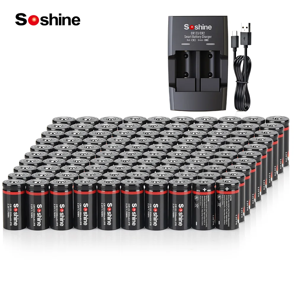 SOSHINE RCR123 LiFePO4 Battery 100PCS CR123 16340 3.2V 550mAh Rechargeable Battery and Smart LiFePO4 Charger 2000 Time Discharge Cycle