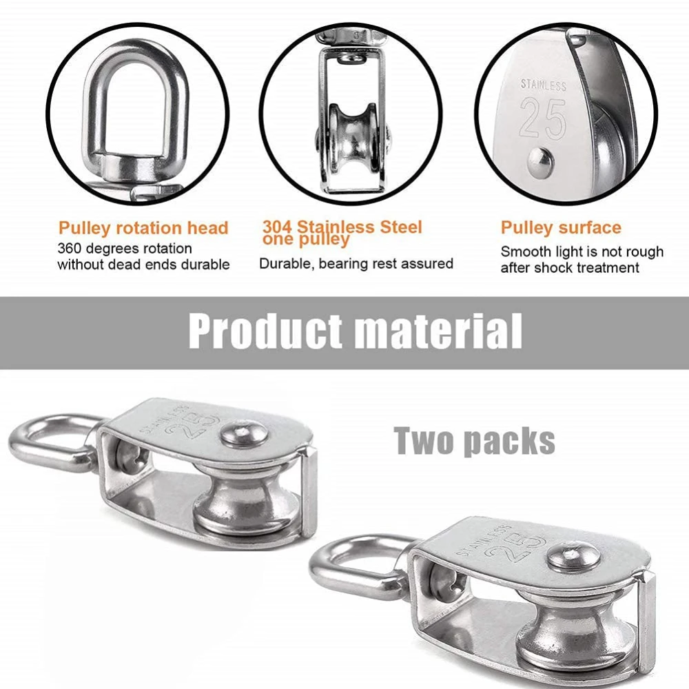 2pcs M25 Single Pulley Block Mini Rope Pulley in Stainless Steel 25mm Pulley Roller Flagpole Pulley Loading 150kg 3
