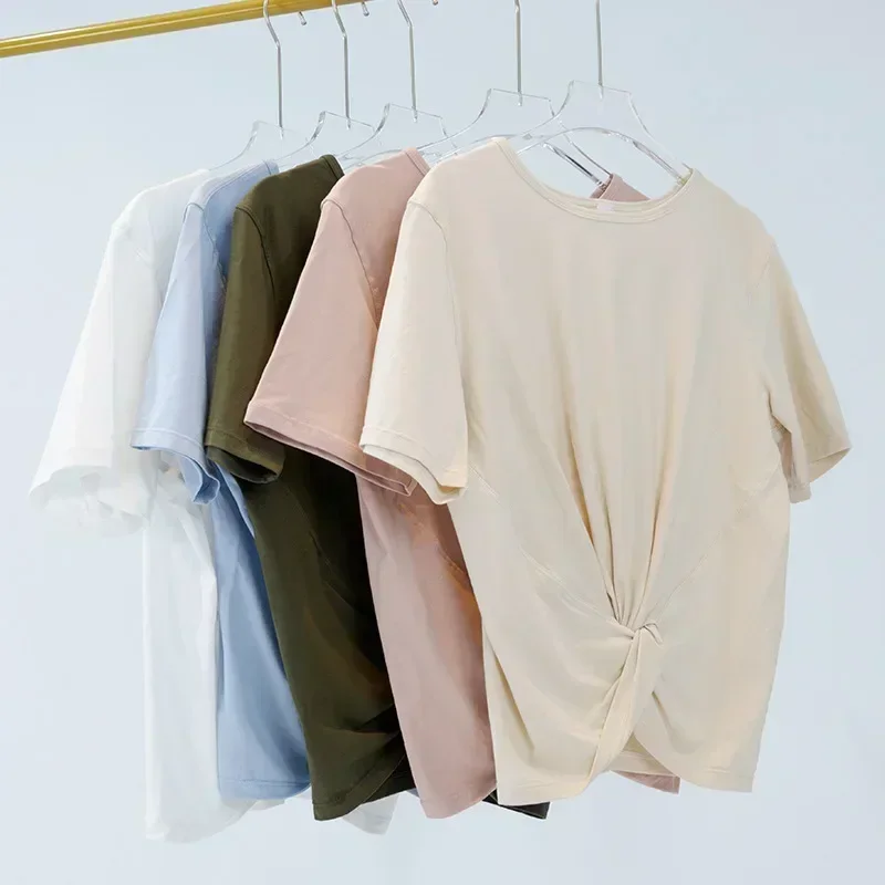 New women's waist baring yoga exercise fitness round neck T-shirt loose elastic short sleeved sportswear