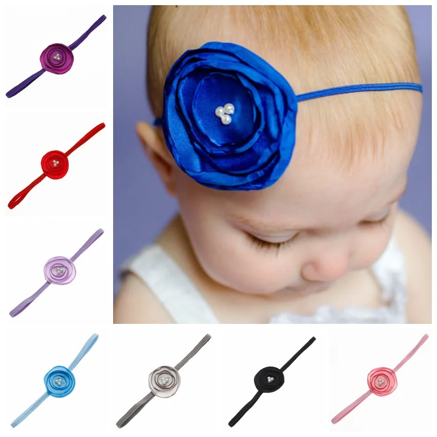 

10PCSMultilayer Hand Sewn Fabric Roasted Flower Headbands With Pearl ,Children's Thin Elastic Hair Band For Headwear Accessories