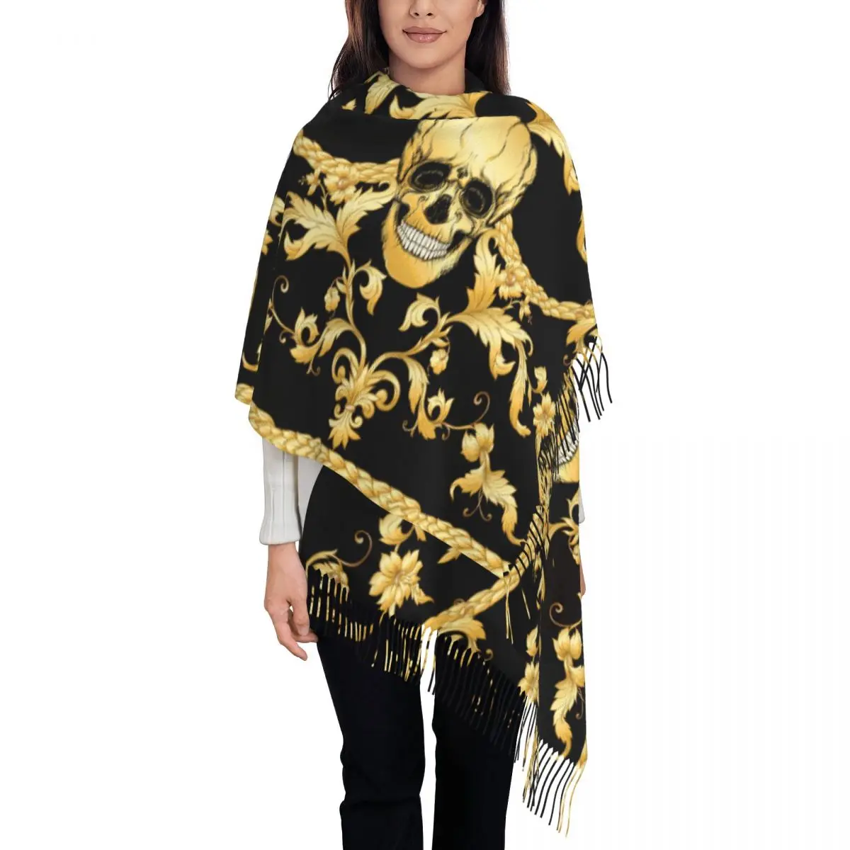 

Stylish Baroque Floral Skull Tassel Scarf Women Winter Fall Warm Shawls Wraps Female European Rococo Style Scarves