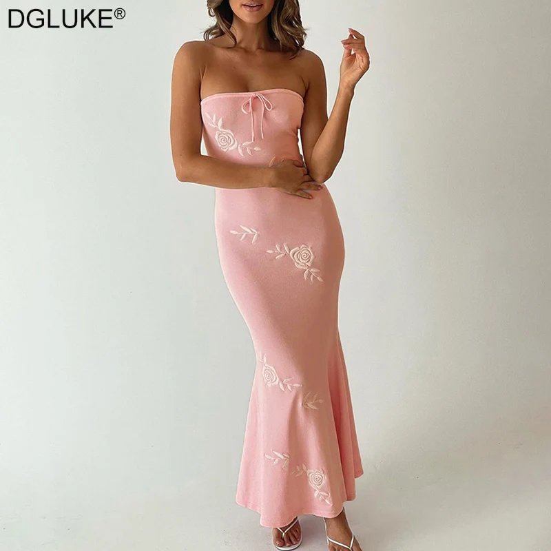 

Embroidered Flower Strapless Long Dress Women Bow Slash Neck Mermaid Party Dress Fashion Bodycon Maxi Summer Dress 2024