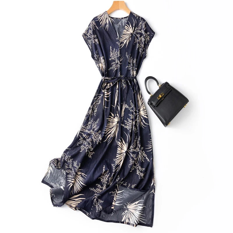 

Summer Dresses for Women Elegant 22 Mulberry Silk Robe Satin Navy Blue V-neck Wrap-sleeve Dress Retro Floral Midi Dress Vestido