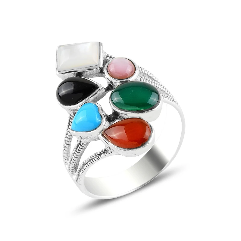 

Silver 925 Sterling Mixed Natural Stone & Marcasite Ring