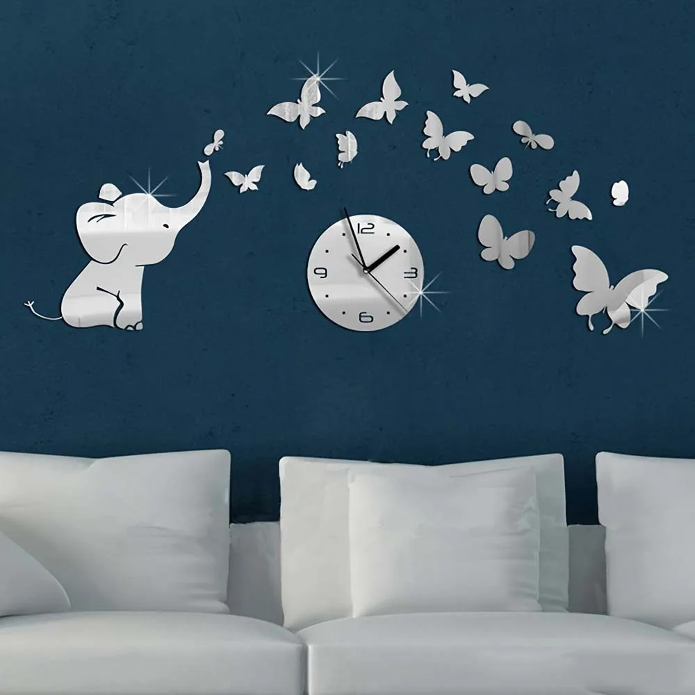 1Pcs Creative DIY Elephant Butterfly Mirror Wall Clock 3D Fashion Home Decoration Wall Sticker Clock Art Mute