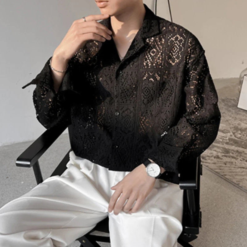 Chemises de luxe hommes maille transparente dentelle chemise