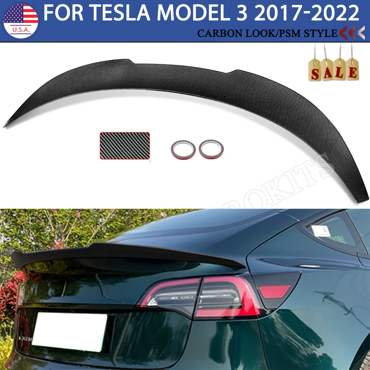 

Для 17-22 Tesla Model 3 PSM Style Highkick спойлер заднего багажника, крыла углеродное волокно