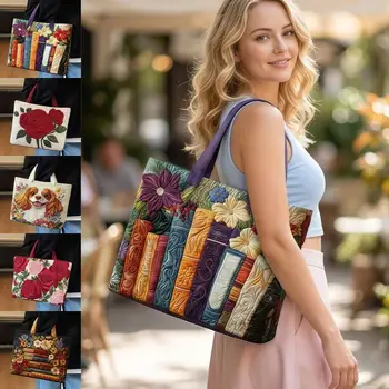 Borse Tote Vintage per Donne, Grande Borsa a Tracolla Stile Letterario, Borsa Hobo in Cotone Floreale, Borsa per Shopping, Spesa e Spiaggia
