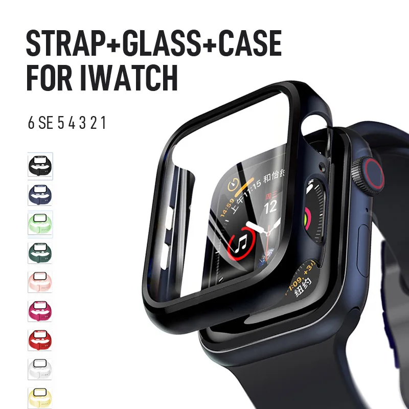 Strap+Glass+Case for Apple Watch Band 44mm 40mm iWatch band 42mm 38mm silicone bumper+bracelet for apple watch series 4 3 5 SE 6