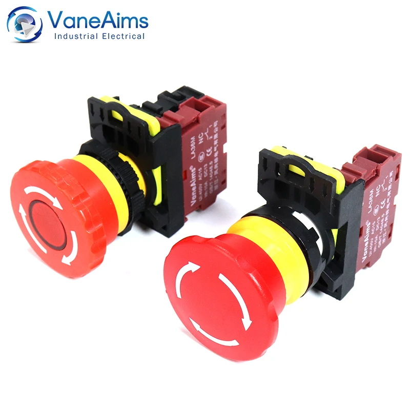 LA36M Emergency Stop Button Switch 22mm E-Stop Plastic Mushroom Push Button Switches On Off with Red LED Light 220v 12v 24v