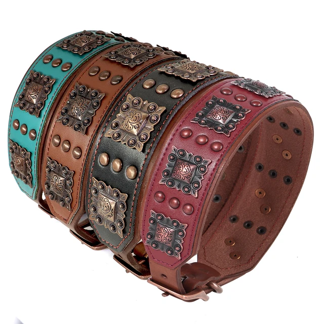 Genuine Leather Wide Dog Collar Leash Set Durable Padded Dog Collars Luxury Metal Rivet Pet Necklace With Rope for Dogs Pitbull 2