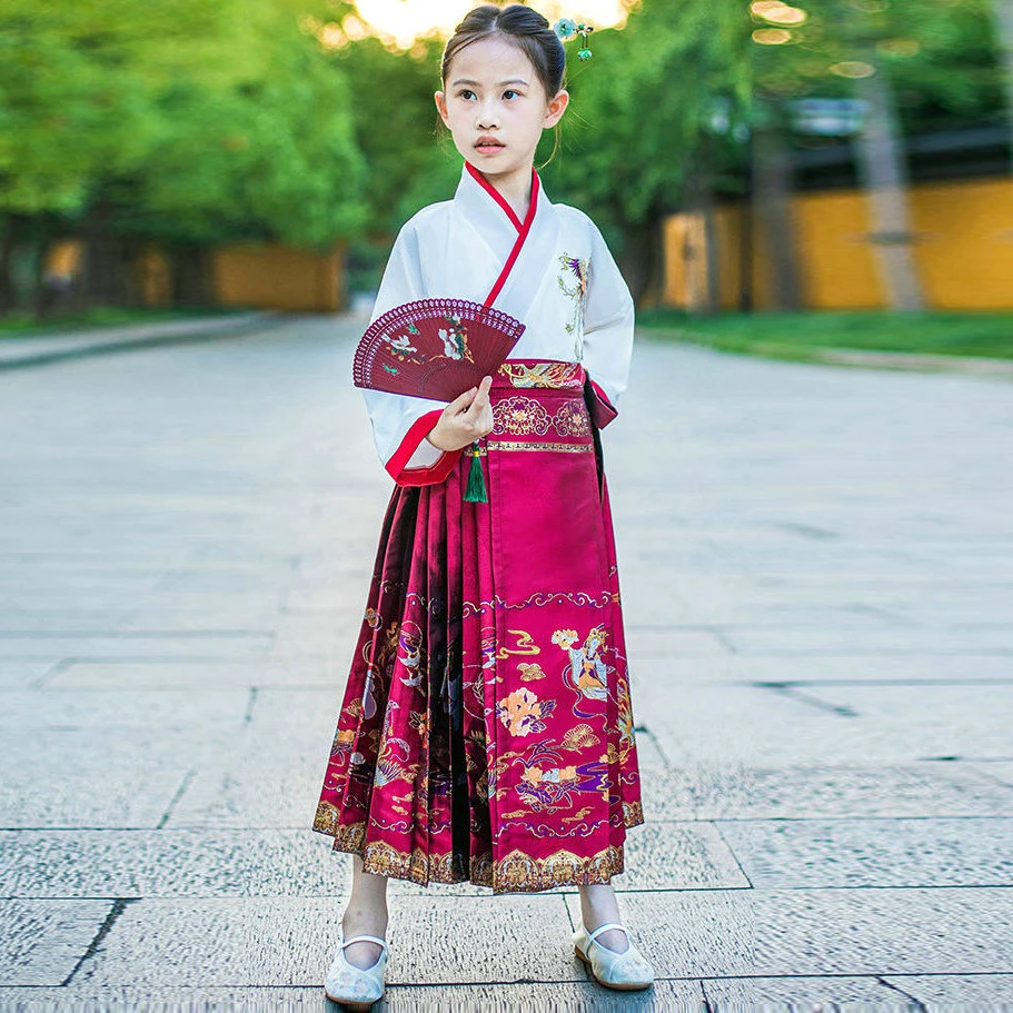 

Oriental Girls Hanfu Attire White Top And Red Skirt 2 PCS Suit Set Children Mamianqun Twinset Chinese Traditional Clothes Kids