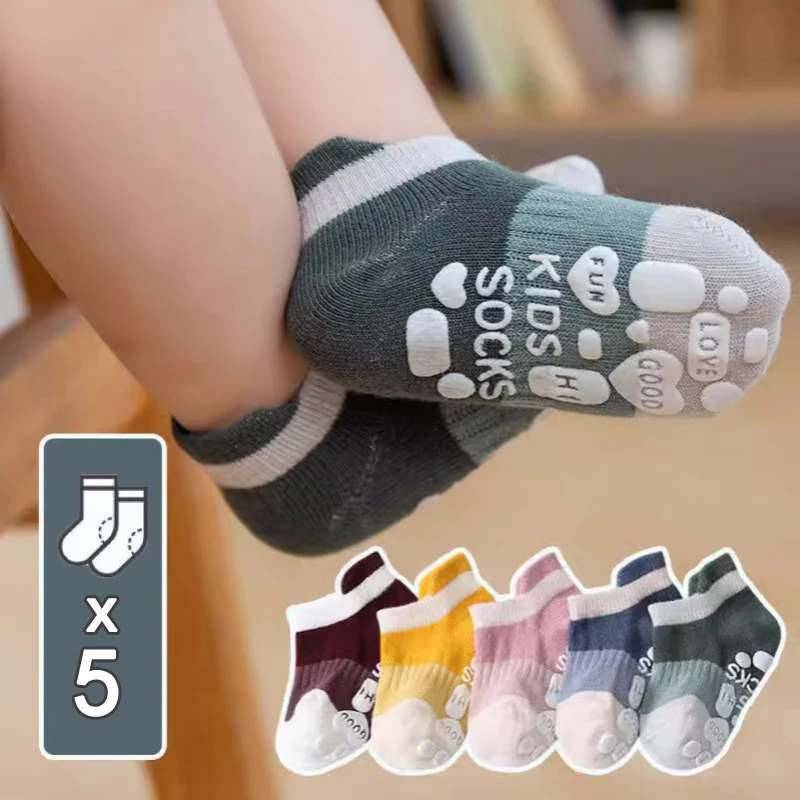 Baby Anti Slip Socks Solid Stripe Girls Boys Newborn Kids Rubber Floor Sock Infant Cotton Mesh Socken 5Pairs/Lot cotton anti slip socks cotton socks baby socks