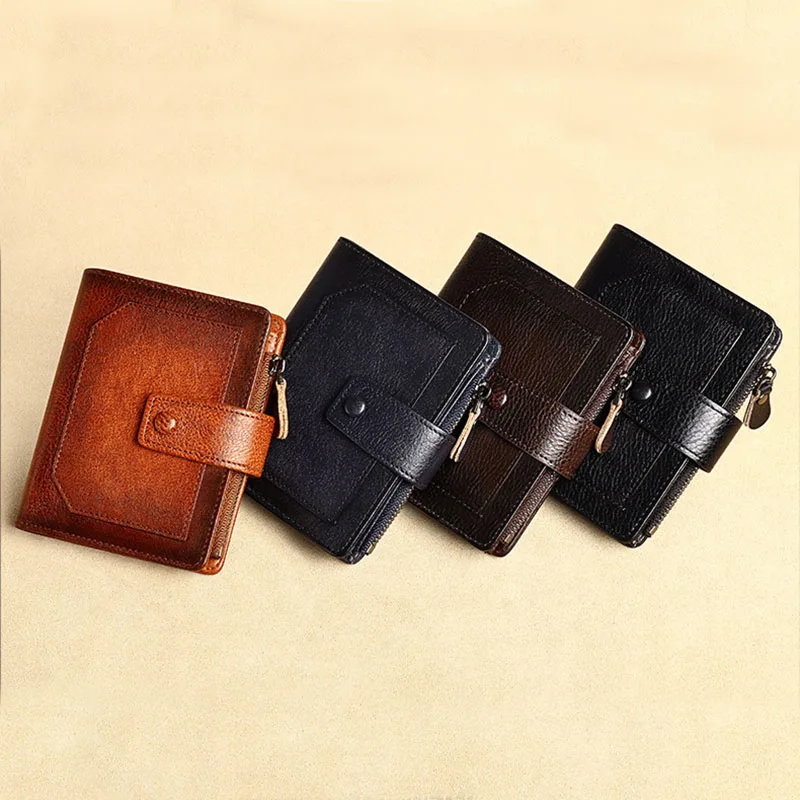 Wallet Men's anti-theft swipe card vertical vintage leather multi-functional zip fastener Men's leather wallet Card bag
