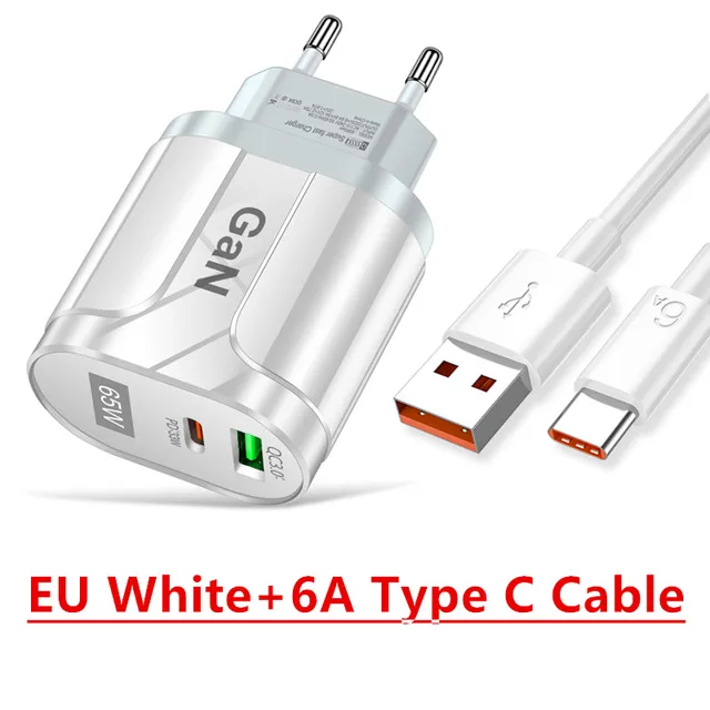 PD 65W Fast Charge Adapter For Laptop MacBook Pro Type-C Quick Charger For Apple iPhone 11 12 13 Pro iPad Huawei Xiaomi Samsung EU white Cable