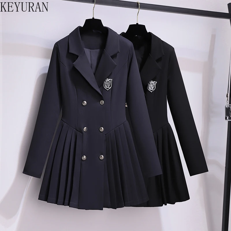 

2022 Spring Autumn A-line Blazer Dress Women Harajuku Preppy Style Japanese JK Notched Vestidos Double Breasted Pleated Dress