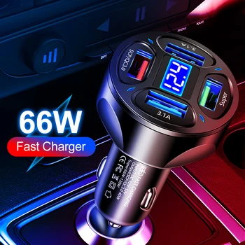 Caricabatteria da auto 66W/150W 4 USB QC 3.0 Adattatore per telefono cellulare automatico a ricarica rapida con display di tensione per iPhone Samsung Huawei Xiaomi