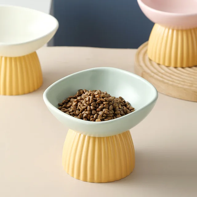 Cartoon Cat Bowl Ceramic Cute Pet Feeders High Footed Slanted Pet Bowl To Prevent Tipping Over 5