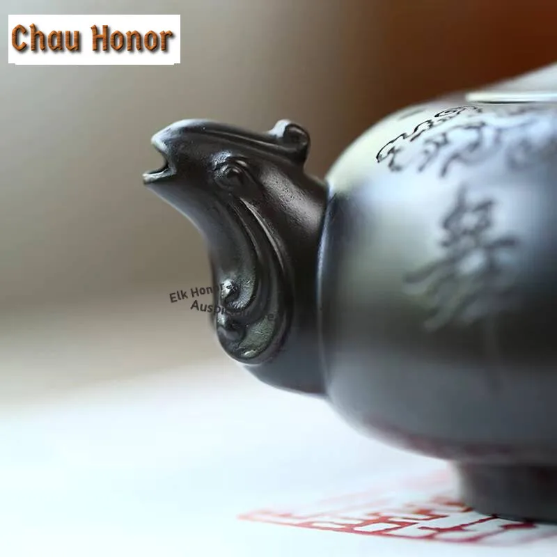 230ml Chinese Yixing Purple Clay Teapots Famous Artists Handmade Dragon Phoenix Pot Raw Ore Black Zhu Mud Kettle Zisha Tea Set