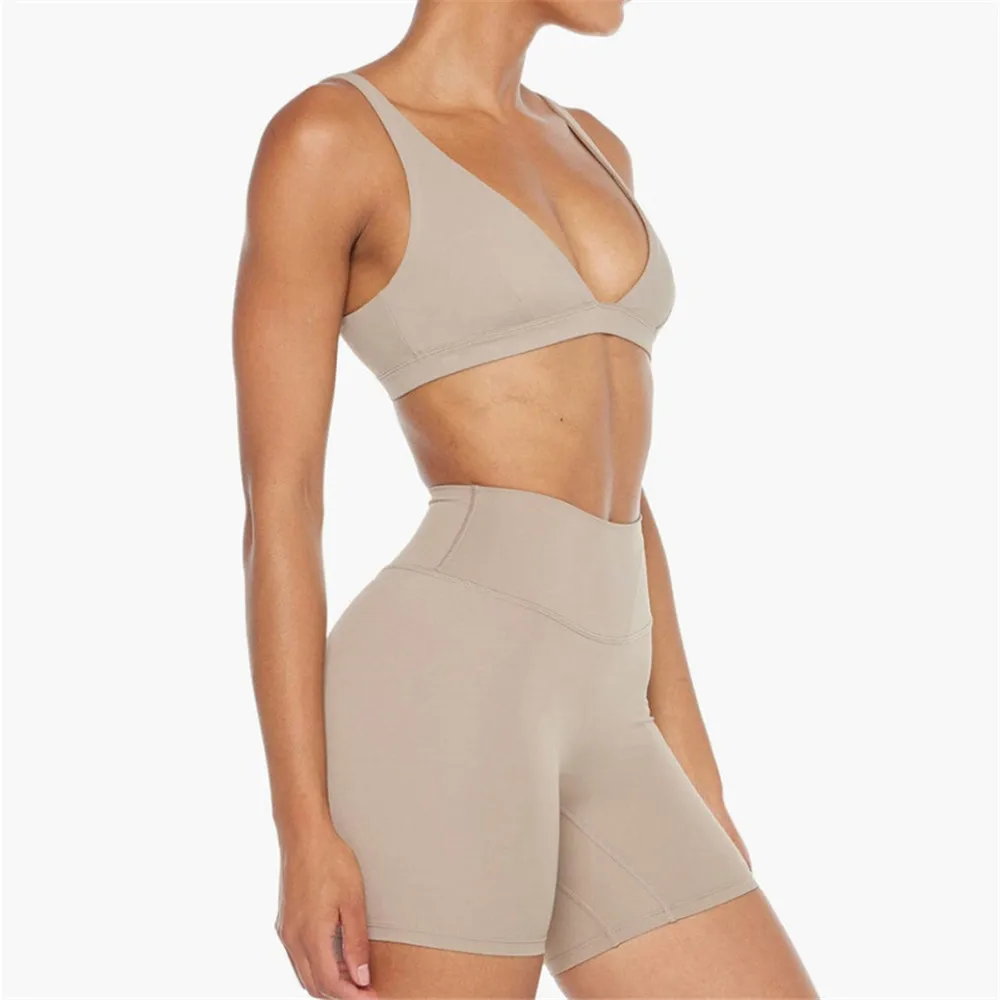 2025 1/2PCS Nude Deep VNeck Sport Bra Women Yoga Sets Workout Gym Scrunch High Waist Fitness Push Up Shorts Running Avtive Suits