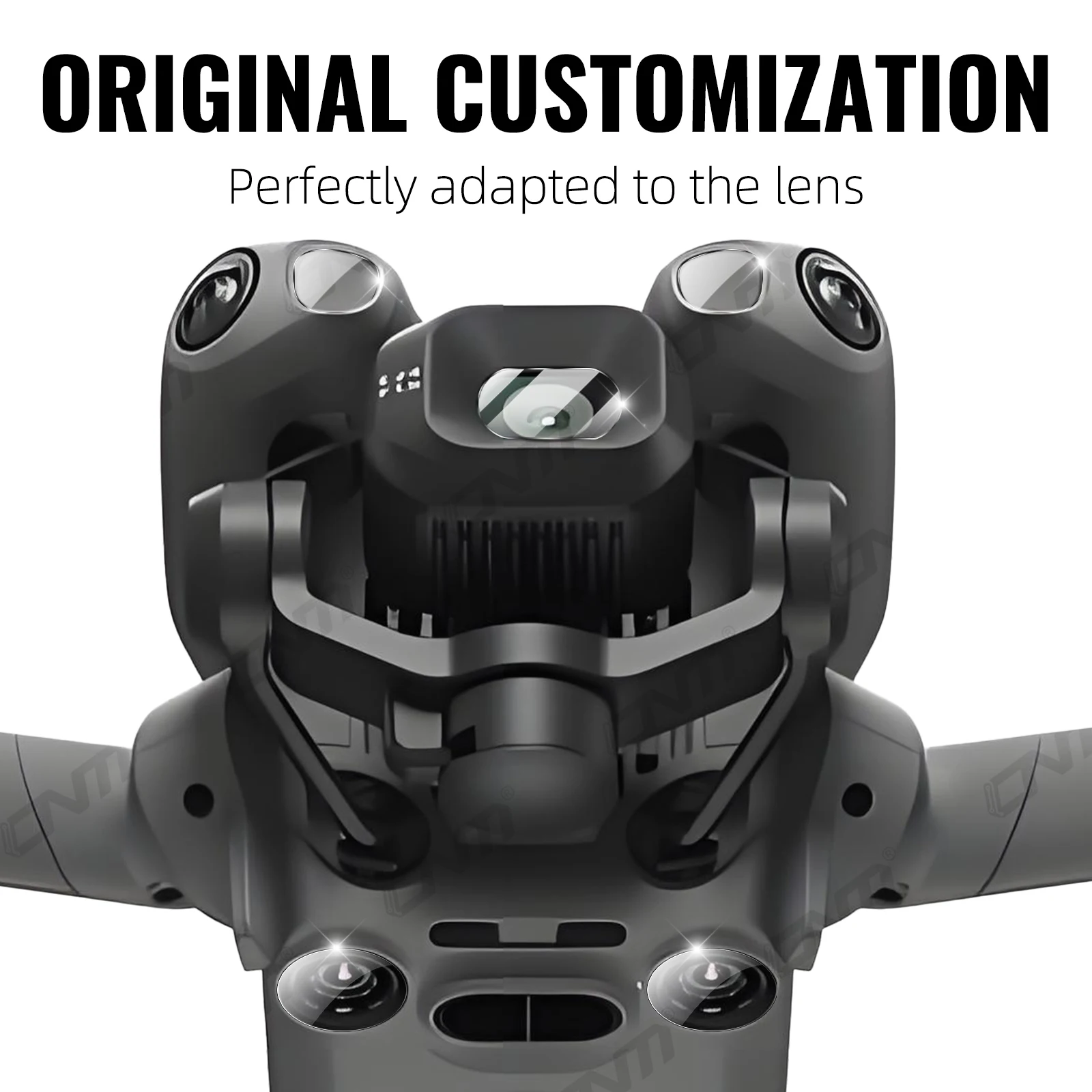 Verre de protection objectif pour DJI Mini 5 Pro installé sur le drone, gros plan