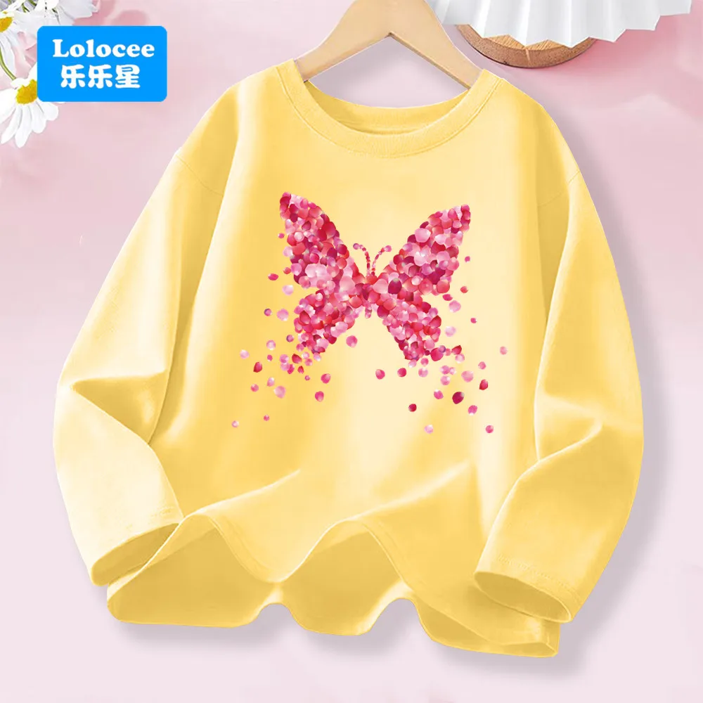 Pink Flower Butterfly Graphic Long Sleeve Girls' Fashion Tee