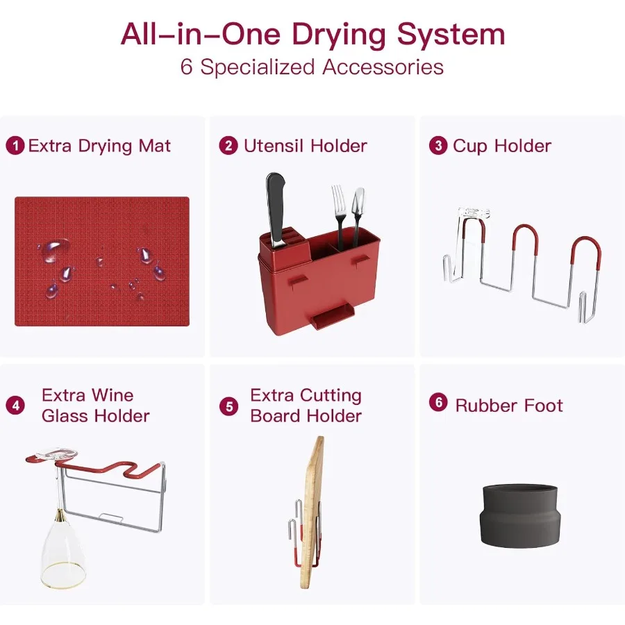 2 Tier Red Large Stainless Steel Dish Drainers Drying Rack for Kitchen Counter with Drainboard Rust Proof Metal Space Saving Mo