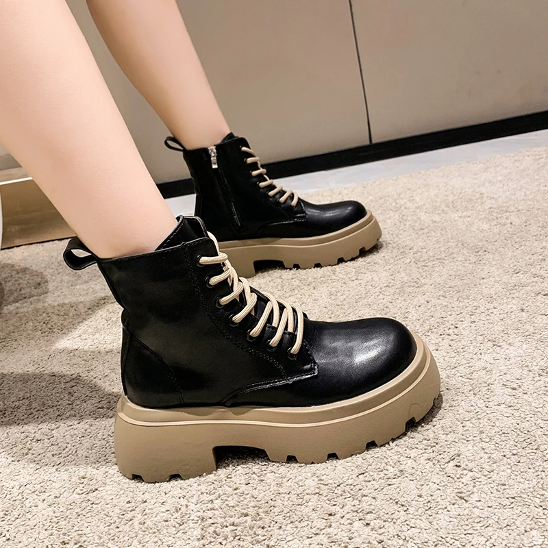 

Женские Водонепроницаемые ботинки на платформе и среднем каблуке, с круглым носком, на шнуровке