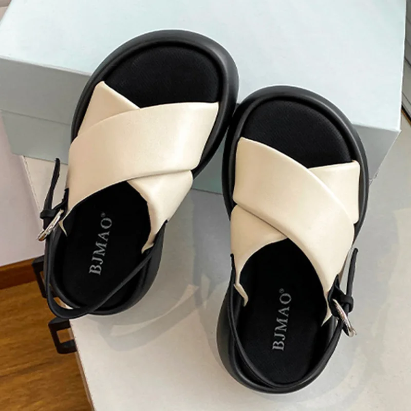 Lambskin Thick Soled Cross Buckle Casual Sandals With Bubble Bread women sandals wedge sandals