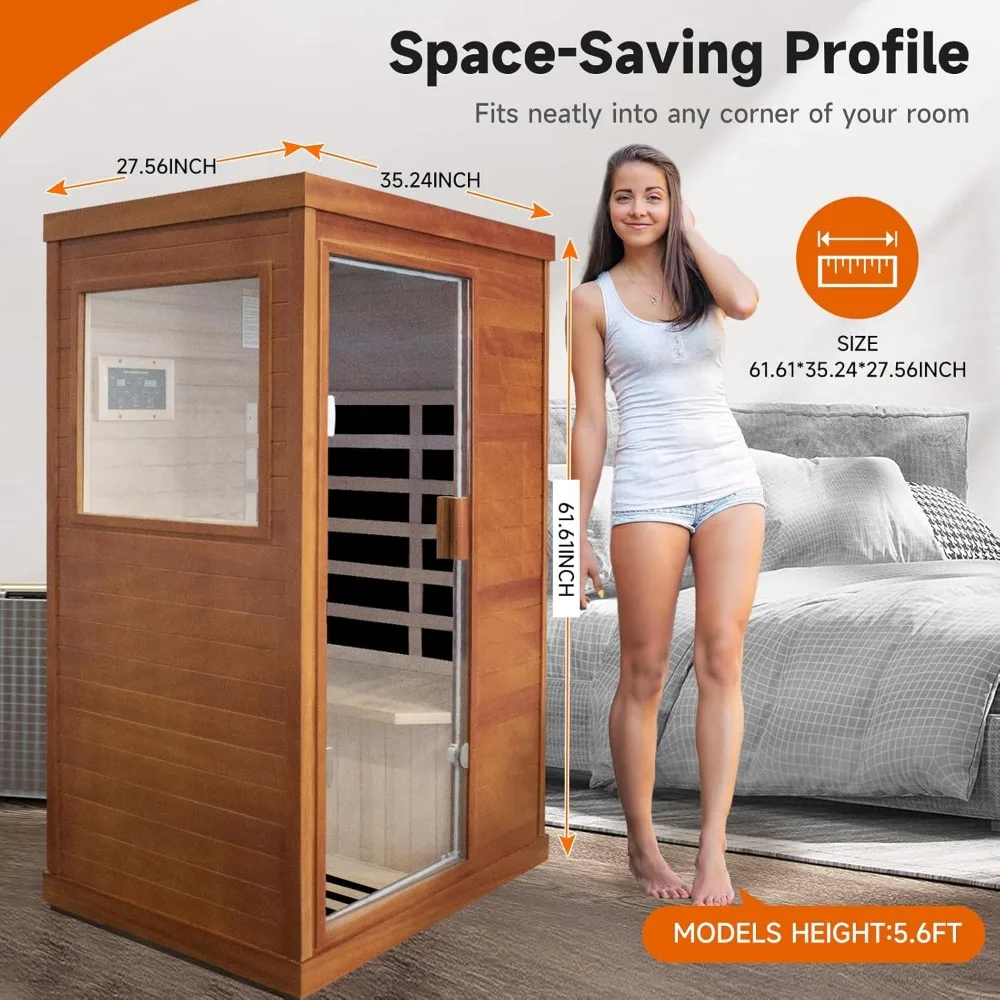Far Infrared Sauna Home Sauna Spa Room Low-EMF Wood 800W Indoor Saunas with Control Panel and Tempered Glass Door, Room 5