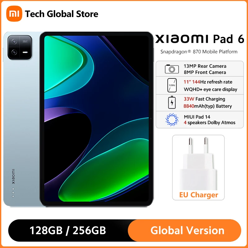 Планшет Xiaomi Mi Pad 6, Snapdragon 870 восемь ядер, 11 дюймов, 144 Гц, 2,8 K, дисплей WQHD +, быстрая зарядка 33 Вт, аккумулятор 8840 мАч