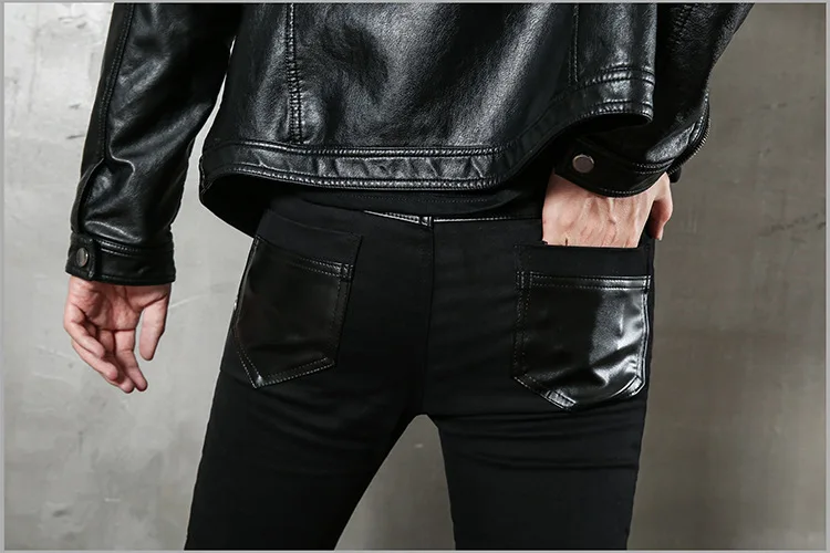 Mens Punk Fashion PU Leather Pants Personality Motorcycle Pencil Trousers Hip Hop Applique Black Leather Trousers Male