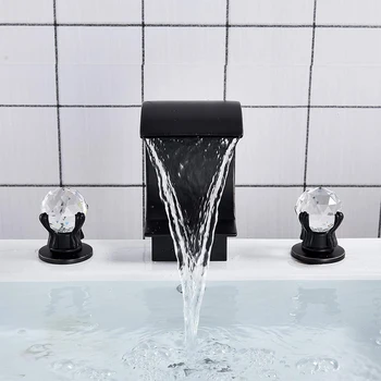 Black Bathroom Basin Faucet Brass 2 Crystal Knobs Cold Hot Gold High Arc Waterfall Filler Faucet 3 Holes Deck Mounted 2