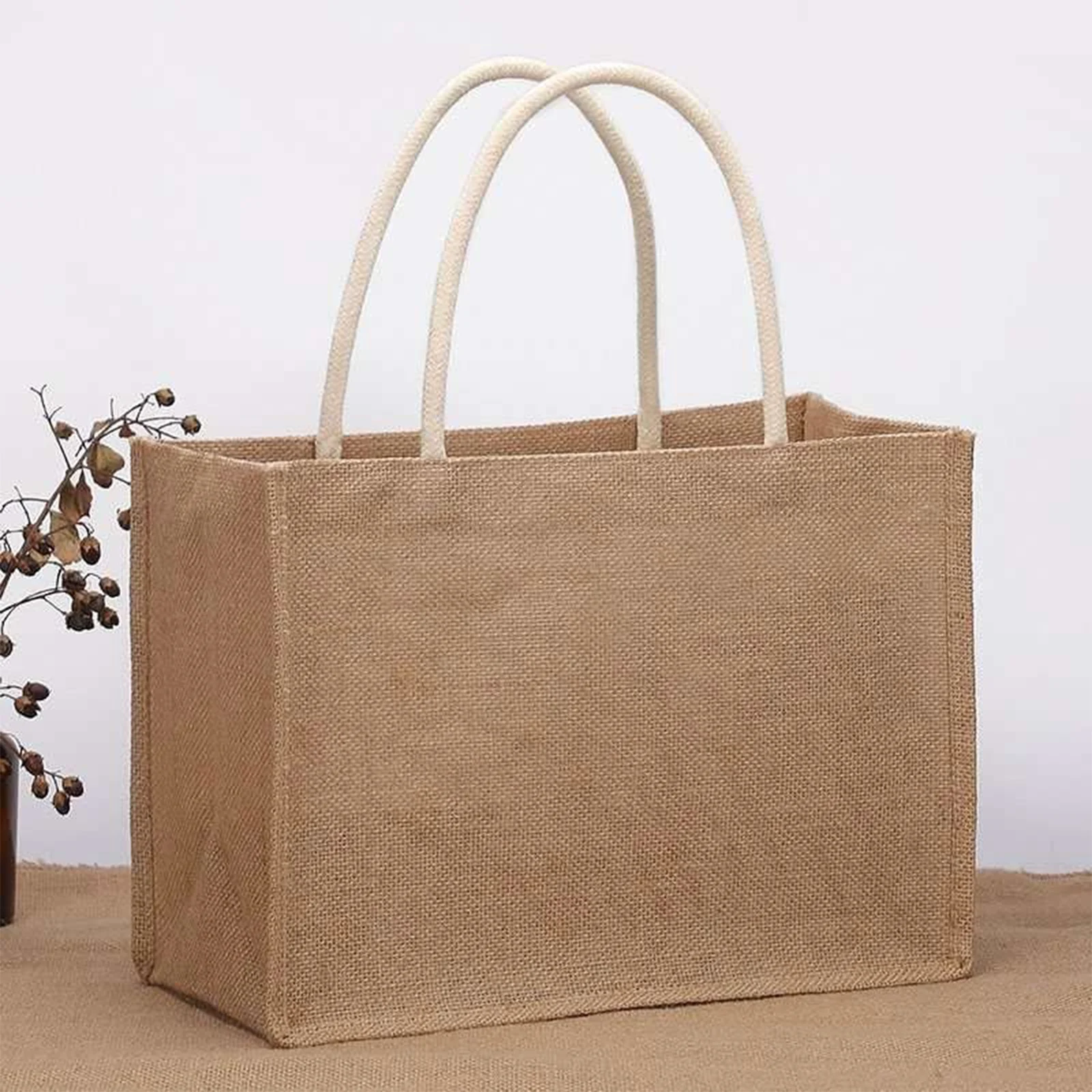 Sackleinen-Jute-Einkaufstasche, Vintage, wiederverwendbar, Lebensmittelgeschäft, Hochzeit, Geburtstag, Geschenktasche, handgefertigte Leinentaschen, tragbare Damenhandtaschen – Detail 12